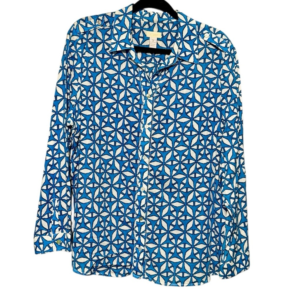 Chico’s 100% Cotton Lightweight Blue White Geometric Print Button Down Blouse XL